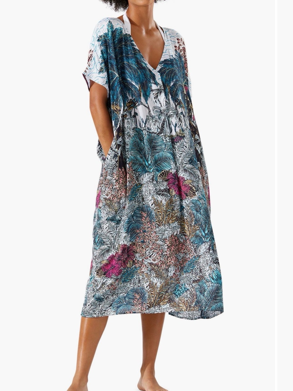 Tommy Bahama Jungle Batik Print Cover Up Kaftan V Neck Palm Floral Modal Sz S/M